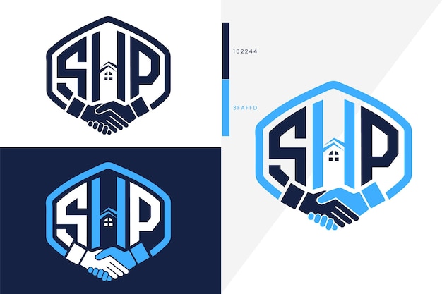 Buchstabe shp monogramm handshake immobilienlogo vektorvorlage