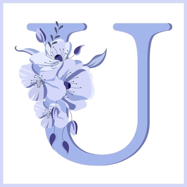 Vektor buchstabe u, verziert mit blumen und blättern, zarte lila farben illustrationssymbol