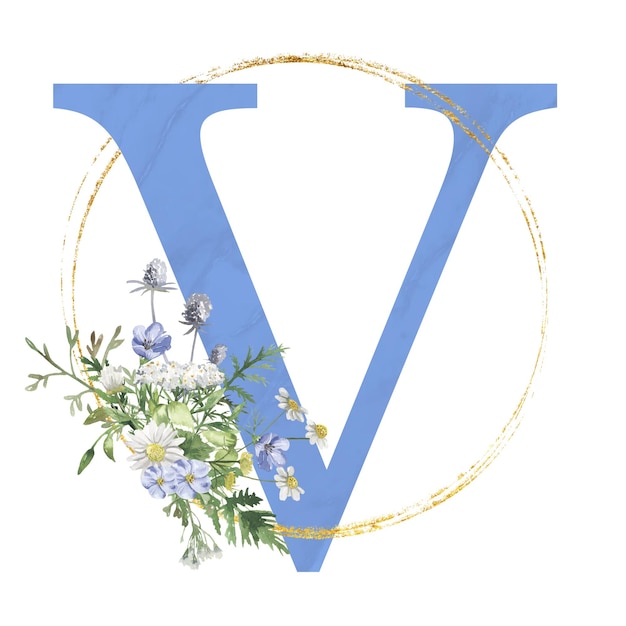 Buchstabe v blaues blumenkonzept aquarell floral