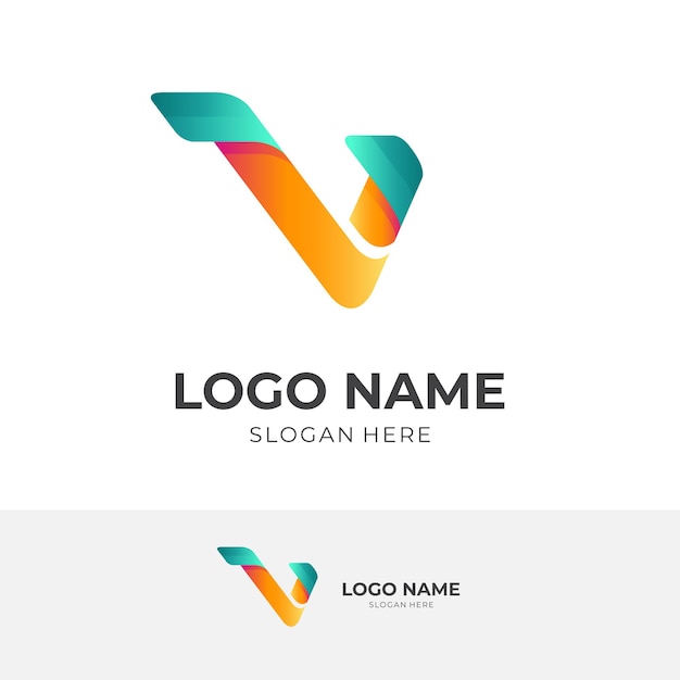 Buchstabe V-Logo-Design mit 3D-Farbstil in Orange und Blau