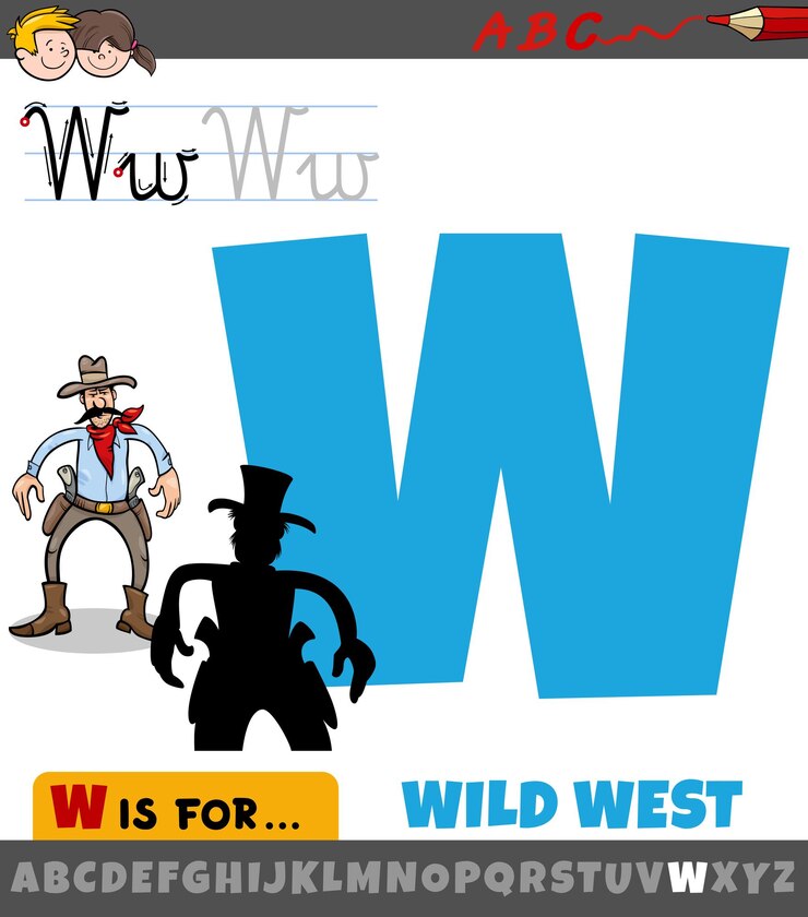 Vektor buchstabe w aus dem alphabet mit zeichentrickfilm-illustration des wilden westens
