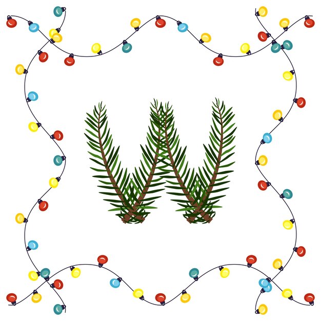 Vektor buchstabe w aus grünen weihnachtsbaumzweigen. festliche schriftart und rahmen aus girlande, symbol für ein frohes neues jahr und weihnachten, zeichen vom alphabet