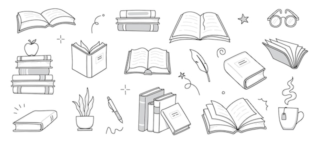 Buchstapel-Sketch-Set Handgezeichneter Sketch-Droodle-Stil-Linie-Buchstapel Bibliotheksleseschuldoodle