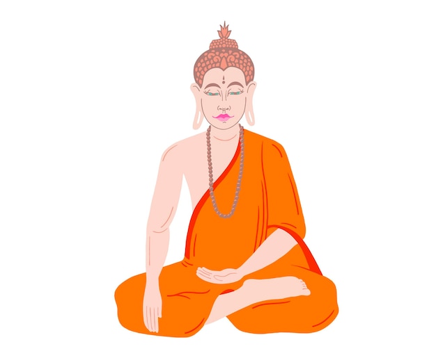 Buddha in einem orangefarbenen Umhang sitzt und meditiert Vektorillustration