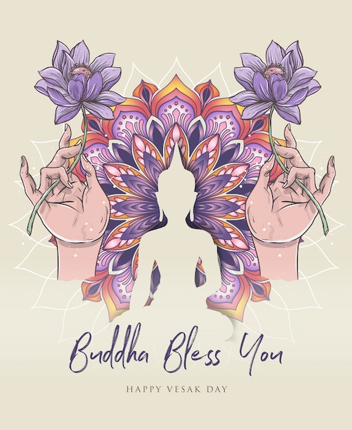 Vektor buddha-silhouette mit bunter mandala- und lotushandillustration