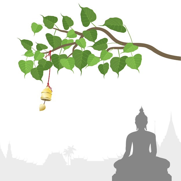 Buddha-statue und bodhi-baum mit goldener glocke der thailändischen tradition