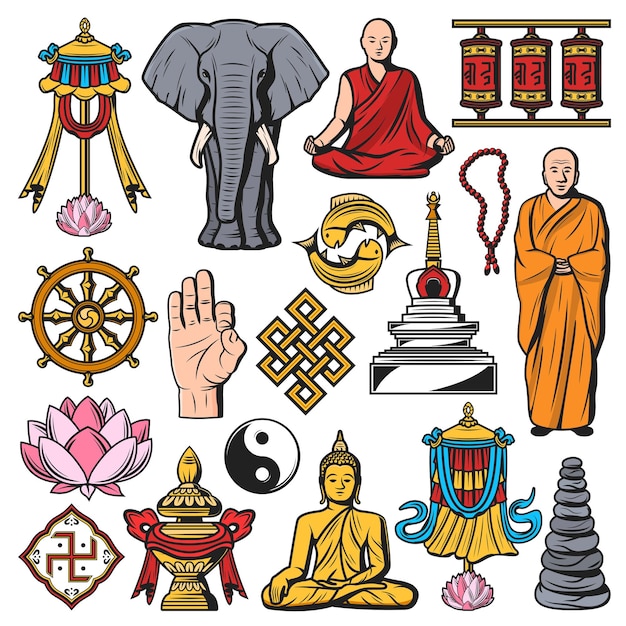 Vektor buddhismus-religionsvektor isolierte symbole