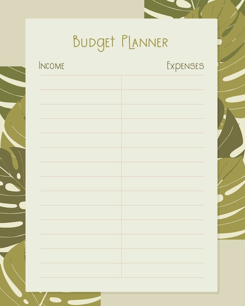 Budgetplaner-Vorlagenseitendesign mit Blättern Monstera, Einnahmen und Ausgaben.