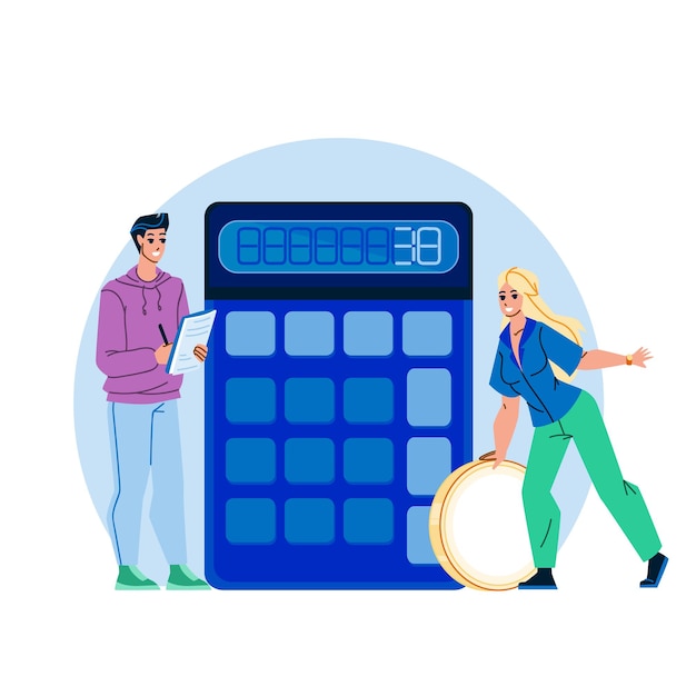 Budgetplanung junger Mann und Frau paar Vektor. Mann und Frau, die zusammen Geld auf dem digitalen Gerät des Rechners und der Budgetplanung zählen. Charaktere Finanzplan flache Cartoon Illustration