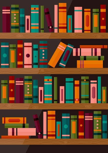 Bücherregal mit Büchern Set aus verschiedenen Buchrücken auf Holzregalen Bibliotheksbanner