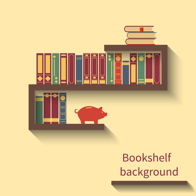 Vektor bücherregal mit büchern und sparschwein. bücherregal im flachen stil mit schatten. hintergrund lesen. vektorillustration