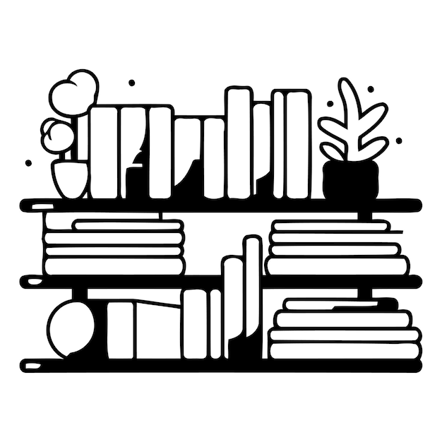 Vektor bücherregal mit büchern und topfpflanzen auf weißem hintergrund farbenfrohe vektorillustration