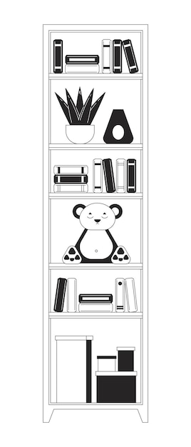 Vektor bücherregal-turm für kinder-schlafzimmer schwarz-weiß 2d-linie cartoon-objekt bücherregale möbel isolierte vektor-umriss-element kinder-bücherregal spielzeug-speicherregal monochromatische flache spot-illustration