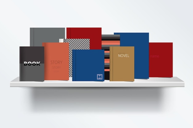 Bücherregal Vorderansicht des Buchdeckels auf grauem Hintergrund mit Schatten Vektorillustration