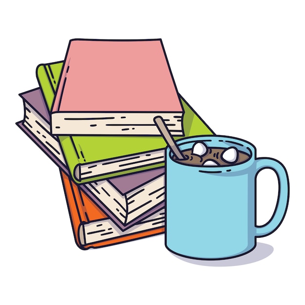 Bücherstapel und eine tasse kakao mit marshmallows. ich liebe das lesekonzept für bibliotheken, buchhandlungen, festivals, messen und schulen. vektorillustration lokalisiert auf weiß.