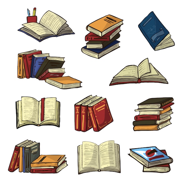 Bücherstapel von lehrbüchern und notizbüchern auf bücherregalen in bibliothek oder buchhandlungsillustrationssatz des buchdeckels der schulliteratur lokalisiert auf weißem hintergrund