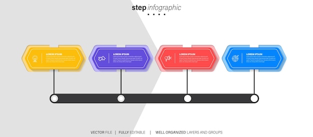 Bühnen-Infografik-Vorlagendiagramm mit rechteckiger horizontaler Form in rechter Richtung und 4-Punkt-Schritt