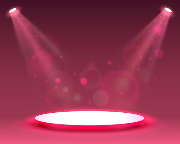 Bühnenpodium mit Beleuchtung, Bühnenpodiumszene mit für die Preisverleihung auf rotem Hintergrund, Vektorillustration