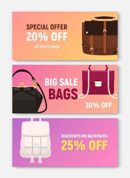 Vektor bündel horizontaler banner-, coupon- oder gutscheinvorlagen mit trendigen eleganten taschen und handtaschen verschiedener art und platz für text. farbige vektorillustration für verkaufsförderung im geschäft oder im geschäft.