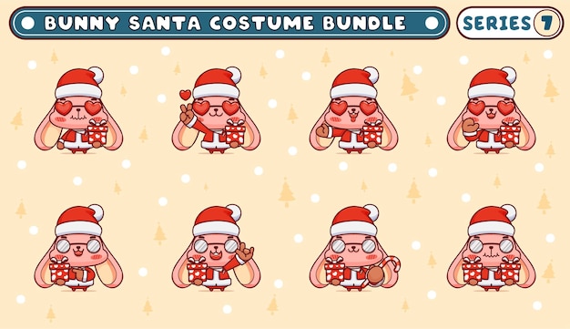 Vektor bündel oder packung süßer hasen in weihnachtsmann-kostümen tragen brillen und geschenkboxen