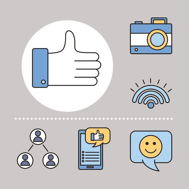 Bündel von sechs Social-Media-Set-Line- und Fill-Style-Icons-Illustrationsdesign