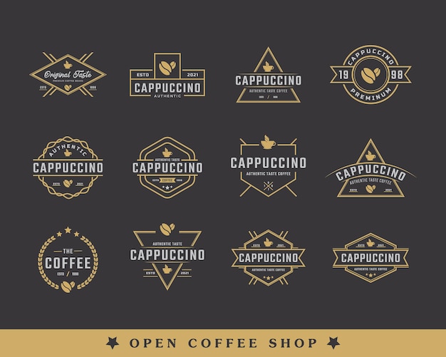 Bündel von vintage-emblem-abzeichen-coffee-shop-logo mit tasse und kaffeebohnen-symbol in retro-stil-vektor-illustration