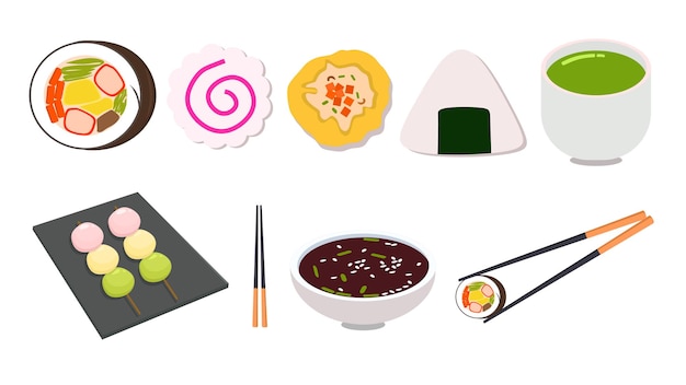 Bündeln Sie japanisches Essen mit Sushi, Dango, Onigiri, Sojasauce und grünem Tee.