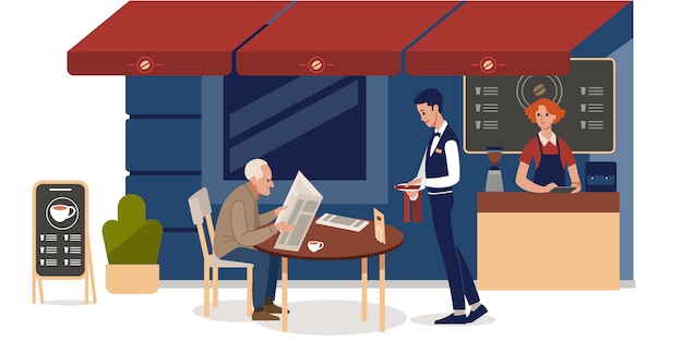 Bürgersteig cafe. älterer mann, der zeitung im straßencafé liest.