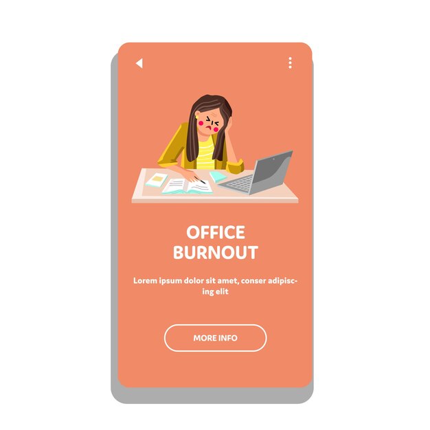Büro-Burnout-Geschäftsfrau am Tischvektor. Trauriges und enttäuschtes Mädchen, das hart an Laptop, Büro-Burnout und Überarbeitung arbeitet. Deprimiert Charakter Dame Schwere Arbeit Web Flache Cartoon Illustration