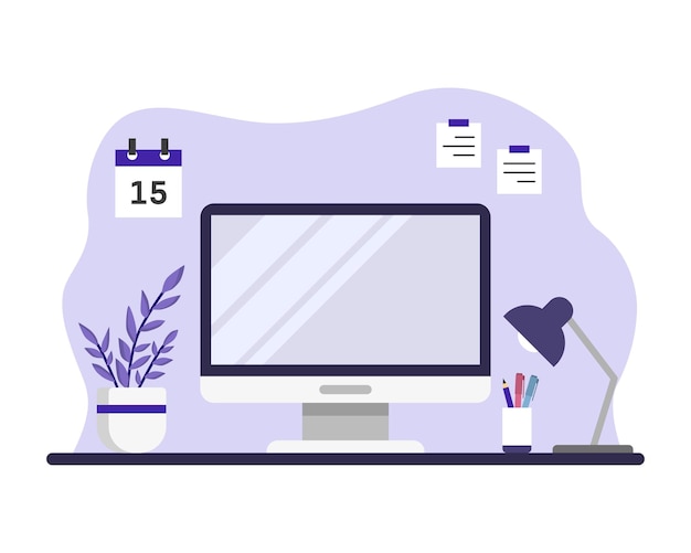 Büro-Desktop-Vektorillustration Schreibtisch auf isoliertem Hintergrund Arbeitsraum-Zeichenkonzept