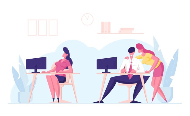 Büro-Leute klatschen und diskutieren Kollegin, die in der Nähe auf dem Schreibtisch sitzt