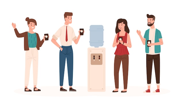 Büroangestellte oder Kollegen, die in der Nähe von Wasserkühler oder -spender stehen, trinken und plaudern. Lächelnde männliche und weibliche Angestellte, die während der Kaffeepause sprechen. Vektor-Illustration im flachen Cartoon-Stil.
