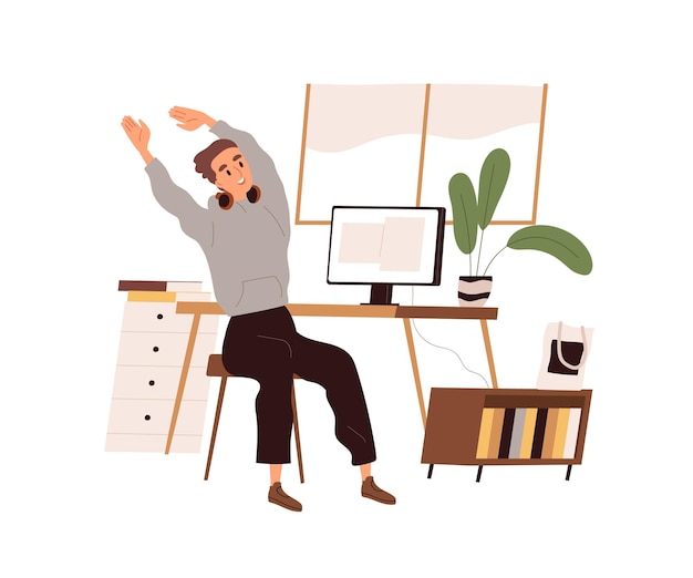 Büroangestellter, der sich nach der Arbeit mit dem Computer in der Pause dehnt. Glücklicher Mann, der am Ende des Arbeitstages am Arbeitsplatz sitzt. Der Mitarbeiter beendete seine Geschäfte. Flache Vektorillustration lokalisiert auf weißem Hintergrund.