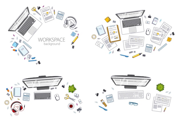 Büroangestellter- oder Unternehmerarbeitsplätze Arbeitsplätze mit PC und Laptops und diverse Schreibwaren für Arbeits- und Analyseunterlagen, Draufsicht. Alle Elemente sind einfach separat zu verwenden. Vektor-Set.