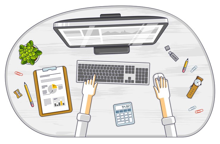 Vektor büroangestellter oder unternehmerarbeitsplatz mit händen und pc-computer und verschiedenen schreibwaren für die arbeit, draufsicht. alle elemente sind einfach separat zu verwenden. vektor-illustration.