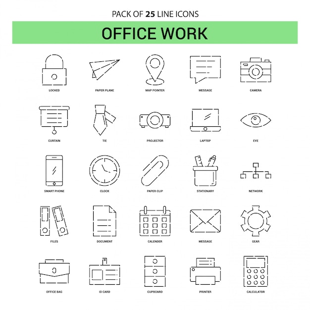 Büroarbeit linie icon set - 25 gestrichelte umriss-stil