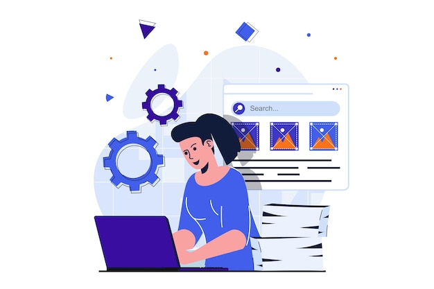 Büroarbeit modernes flaches konzept für web-banner-design mitarbeiterin arbeitet an laptop-einstellungen