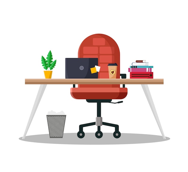 Büroarbeitsplatz mit Stuhl, Laptop und anderen Objekten Flachvektorillustration