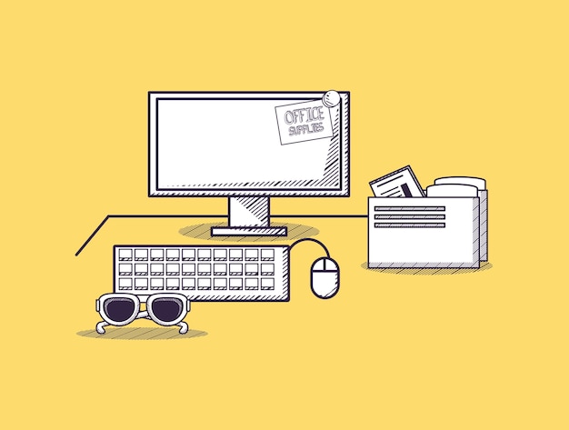 Bürobedarf design mit computer und ordner