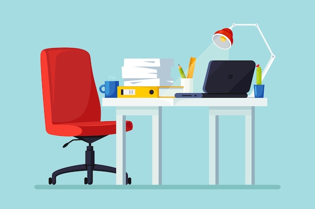 Büroeinrichtung mit Schreibtisch, Stuhl, Computer, Laptop, Dokumenten, Tischlampe. Arbeitsplatz für Arbeiter, Angestellte