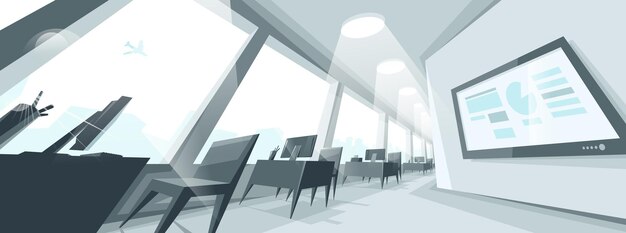 Büroinnenraum in verzerrter perspektivischer Vektorgrafik, moderner Arbeitsplatzinnenraum.