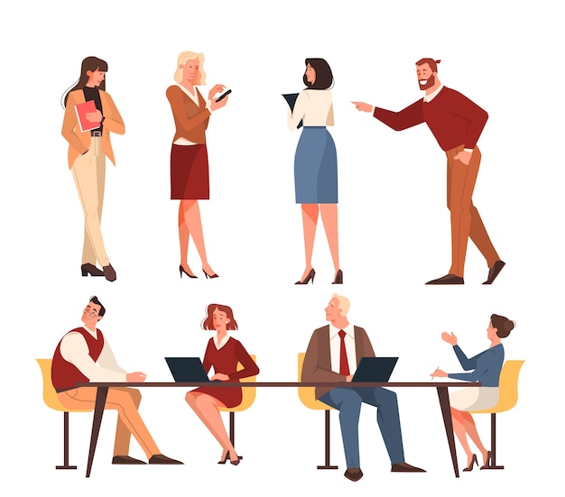 Büromitarbeiter eingestellt. Illustration des Arbeitsteams männlich und weiblich, junger Angestellter stehend.