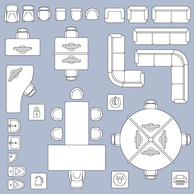 Bürositzungsmöbel, architekturplan-vektorlinie ikonen