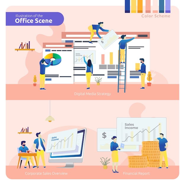 Büroszene in packung, strategie für digitale medien, umsatzübersicht und finanzbericht