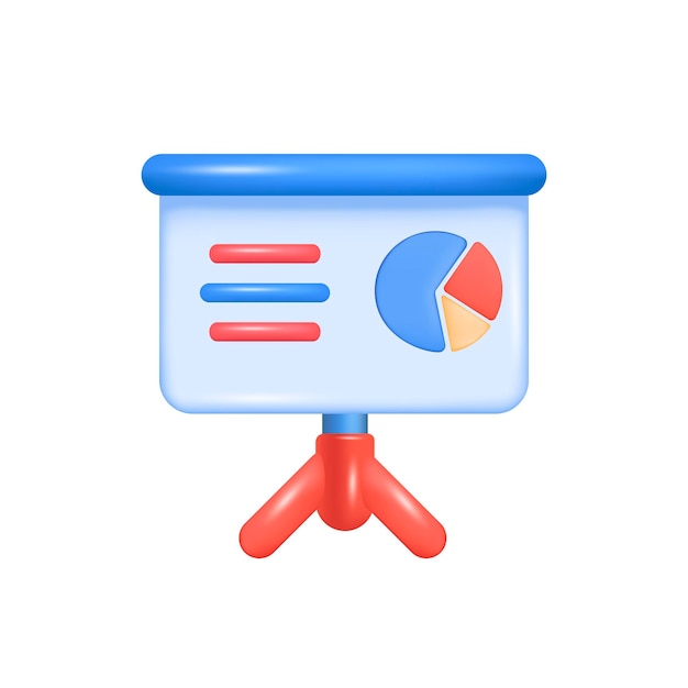 Bürotafel für Geschäftspräsentation 3D-Illustration. Zeichnung eines Whiteboards mit Diagramm, Unternehmensbudgetanalyse oder Bericht im 3D-Stil auf weißem Hintergrund. Geschäft, Finanzen, Marketingkonzept
