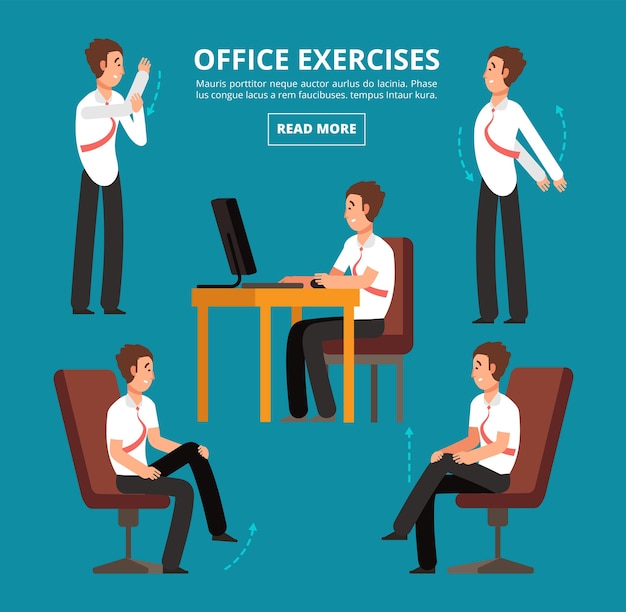Büroübungen am schreibtisch. diagramm für vektorillustration der gesundheitsmitarbeiter. workout für gesundheitsübungen im büro, körperhaltung entspannen