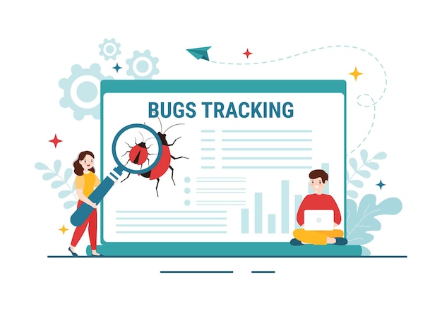 Bug-tracking-vektorillustration mit handy-schutz vor computerviren auf großem bildschirm in website-sicherheit, flache cartoon-handzeichnungsvorlagen