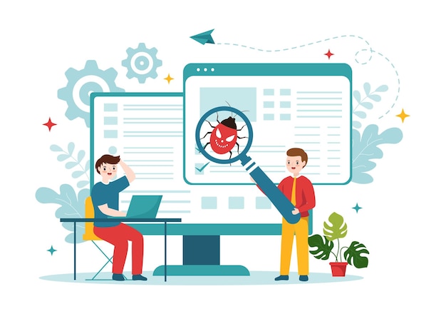 Bug-Tracking-Vektorillustration mit Handy-Schutz vor Computerviren auf großem Bildschirm in Website-Sicherheit, flache Cartoon-Handzeichnungsvorlagen