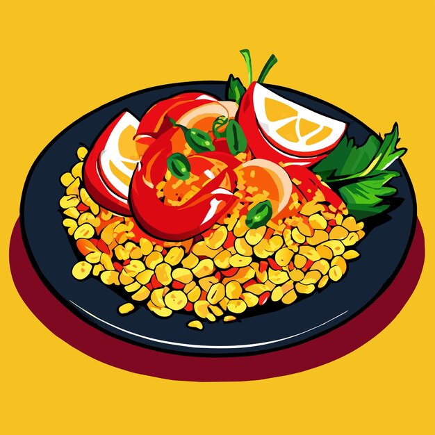 Vektor bulgur-pilaf mit garnelen, paprika und grünen auf einer plattenvektorillustration