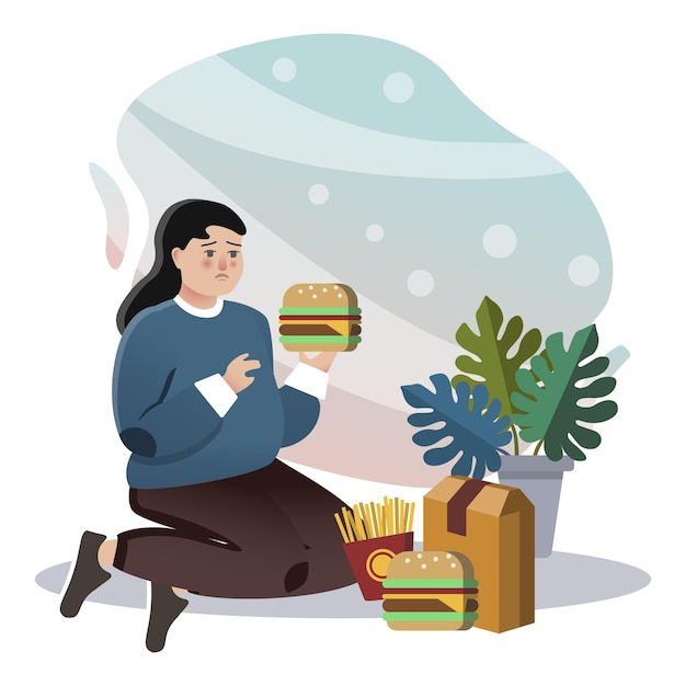 Vektor bulimie illustration mädchen burger blumenpaket editierbar